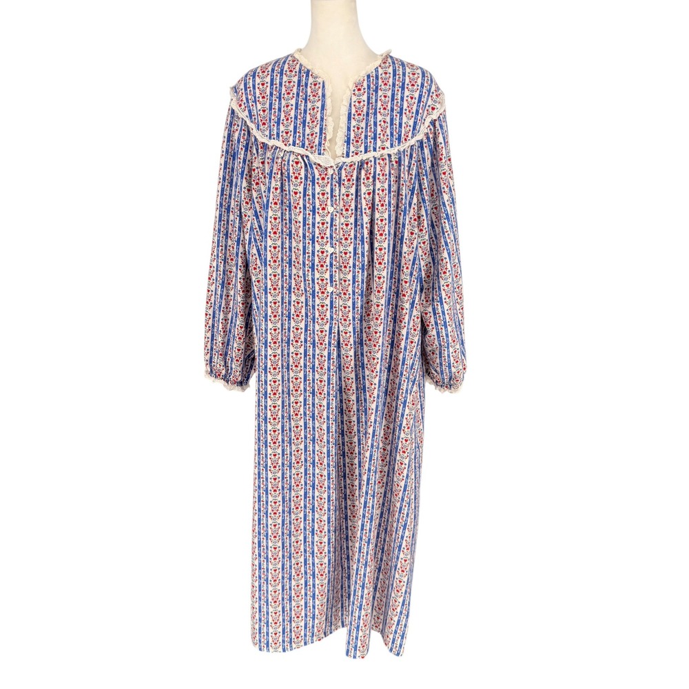 Lanz of Salzburg Flannel Nightgown Women Plus 1X Floral Heart Stripe Lace Trim